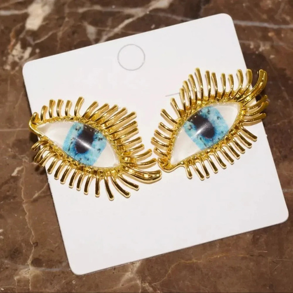 Anthropologie Gaze Blue Eyes Gold Abstract Protection Magic Earrings - Picture 5 of 9